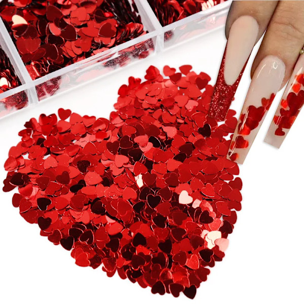 Valentinsdag Mixade Hjärtformade Nagelglitter Röda Flakes Sekvenser Pulver Dekorativa Tillbehör För Professionella Nagelkonsttillbehör 6G-YGHH1