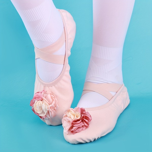 Andningsbara balettskor för flickor med blomdekor och mjuk sula - perfekta för dansträning och uppträdande pink CN31(EU30)