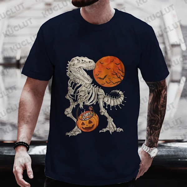 Halloween Dinosaur Skelett Skriv Ut Män T-Shirts Casual Summer Short Slem Tee Rolig Grafisk Y2k Toppar Harajuku Överdimensionerade Kläder 240716-2-1-1 6XL