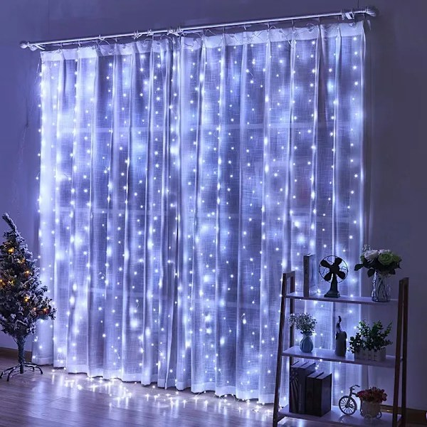 Julljus Led Fairy String Curtain Lights 8 Läge Fjärrkontroll Usb Festoon Jul Inredning För Hem Semester Nyår Lampa White 3M(W)X3M(H) 300 LEDS