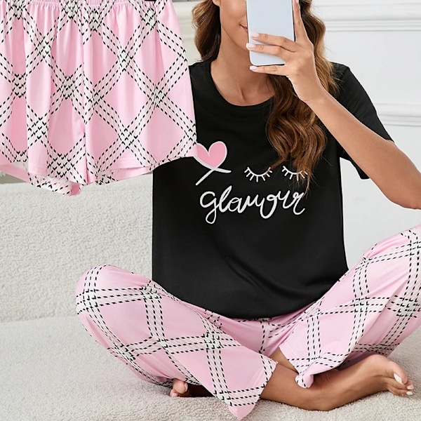 Naisten pyjama 3-osainen setti Yöasu Kotivaatteet Syksy Lyhythihainen toppi Lyhyet housut & Pitkät housut Loungewear Lyhyt puku Pyjama Pink White XL