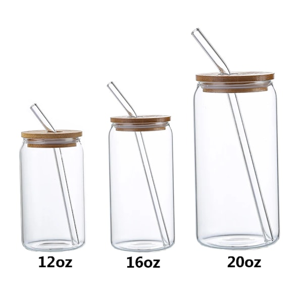 12/16/20oz Glass Cup Bamboo Lid Can Shape Tea Juice Milk Coffee Mug Glass Drinking Cup High Borosilicate Glass Durable Drinkware clear 16oz