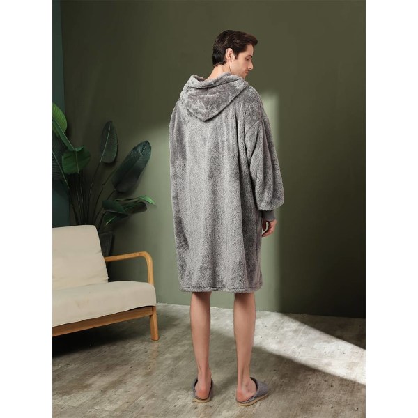 Men's Trendy Pajamas Hooded Warm Flannel Robe With Pocket, Solid One-piece Hoodie Pajamas