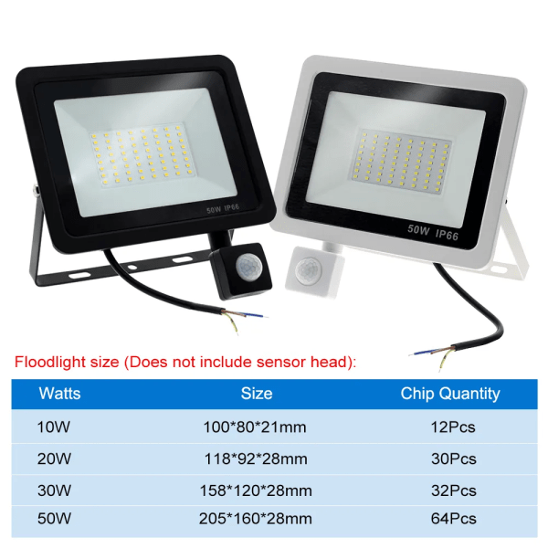 LED-strålkastare PIR-rörelsesensor Vit/Varmvit IP66 AC220V Exteriörprojektor Spotlight SMD2835 Utomhusbelysning Golvlampa Black - White Light 10W