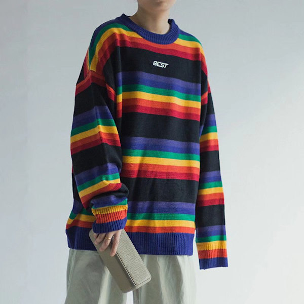 Korealainen tyyli Retro Kontrasti Väri Pyöreä Kaula Pusero Sateenkaariraidallinen Pusero Miesten Ja Naisten Pari Löysä Toppi Vaatteet Syksy Ja Talvi Black XL
