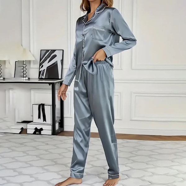 Naisten Yövaatteet Yksinkertainen Satiini Pyjamasetti Pitkät Hihat Napit Kaulus Paita Joustavat Housut Loungewear Yöasut 2 Osainen Yöasu Blue Gray XL