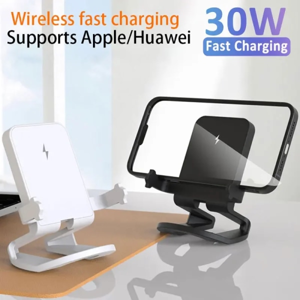 30W Desktop Fast Wireless Charger Stand Pad för iPhone 15 14 13 12 11 X 8 Samsung Galaxy S21 S20 Xiaomi trådlös laddningshållare White