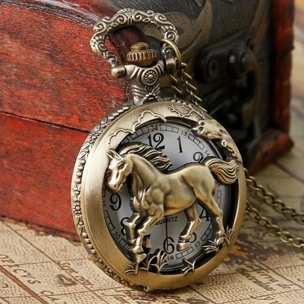 Vintage Hollow Horse Watch djurfickur , gammal kopparfärg Halsband watch Bronze
