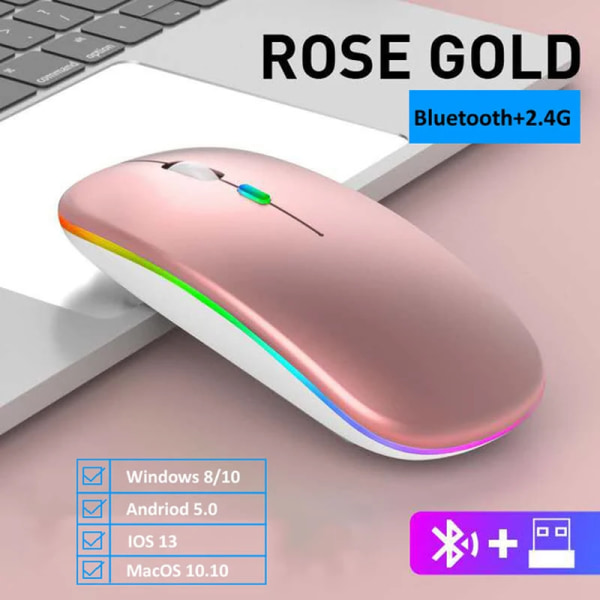 Trådlös mus Gamer USB Uppladdningsbar 2,4 GHz Bluetooth-kompatibla RGB-möss för bärbar dator Tyst Bakgrundsbelyst Ergonomisk spelmus Dual mode-Rose