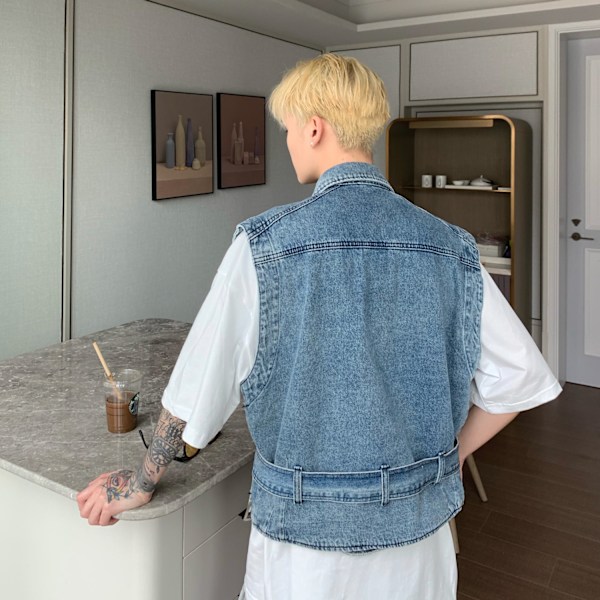 Mode Mærke Casual Slim-Fit Lomme Ærmeløs Denim Vest Mænds Koreansk Stil Trendy Rock Sommer 2021Ny Black S