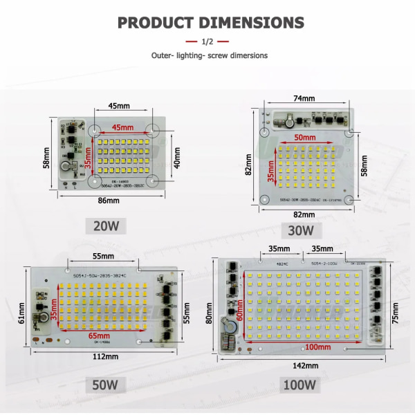 AC220V IC Drive LED PCB strålkastarplatta 20W 30W 50W 100W 150W Full Power Ljuskälla Panel för utomhuslampor Byt ut DIY Chips White 6000-6500K 100W 142x80MM