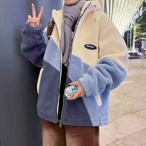Berber Fleece Bomullsrock Mäns Vinter Ny Lappverk Kontrast Färg Bomulls-Vadderade Kläder Trendy Tonårs Fleeces Vadderad Jacka Vinterkläder Blue XL