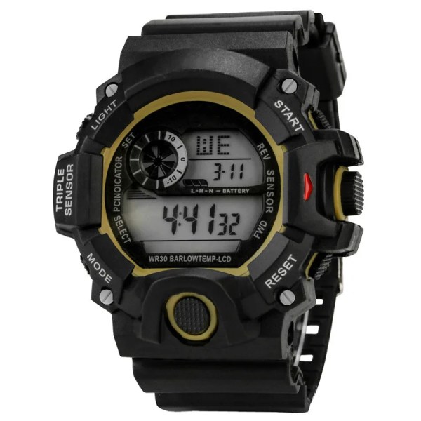 Watch Mode Sport Elektroniskt armbandsur Stor urtavla Multifunktionell vattentät lysande larm Barn Mans watch Black-gold