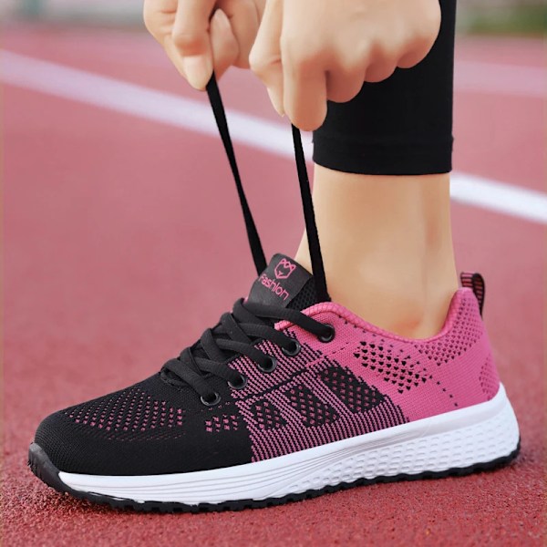 Kvinnor Casual Skor Andningsbara Promenader Mesh Spets Upp Platta Skor Sneakers Kvinnor Tenis Feminino Rosa Svart Vitt Rose 37