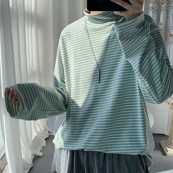 Vores Halv Turtleneck Undertrøje Mænd Løs Bundet Koreansk Varm Høj Halsade Efterår Underbeklædning Mænd Langærmet T-Shirt High Neck Striped Purple L