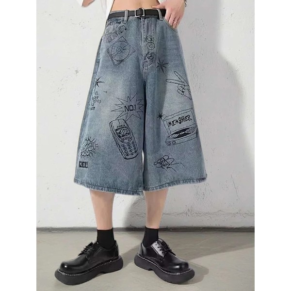 Sommer Mænd Shorts Hip Hop Lommer Rak Bred Længde Mand Malede Harajuku Jeans Baggy Loose Cool Streetwear Korte Bukser Blue XXL