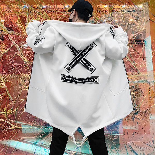 Mænd Trenchcoat Mode Printed Streetwear Hætte Vindjakke Slim Fit Overcoat Ydertøj white 4XL