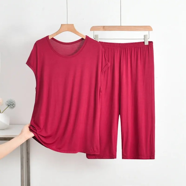 Fdfklak Sommer Pyjamas til kvinder Modal Ærmeløs Tynd O-hals Pullover Pyjamas Sæt Farvefast Løs 6X L Ny Hjemmedragt wine red 6XL