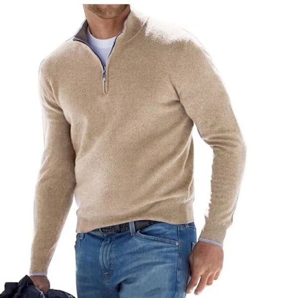 Hösten Mäns Svettväv Varm Pullover Solid Färg Halv Blixtlås Casual Tröja Slim V-Hals Lång Ärm Mäns Sweatshirts Vintertopp Beige Asian L(50-60Kg)