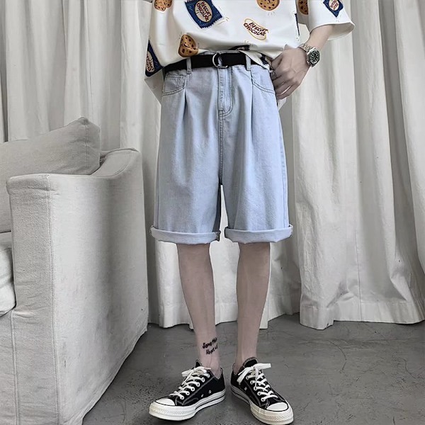 Kesä Plus Koko Denim Shortsit Miesten Casual Housut Löysät Viidennet Housut Keskihousut Suorat Ulkovaatteet Polttaa Ohut Housut S Blue 5L