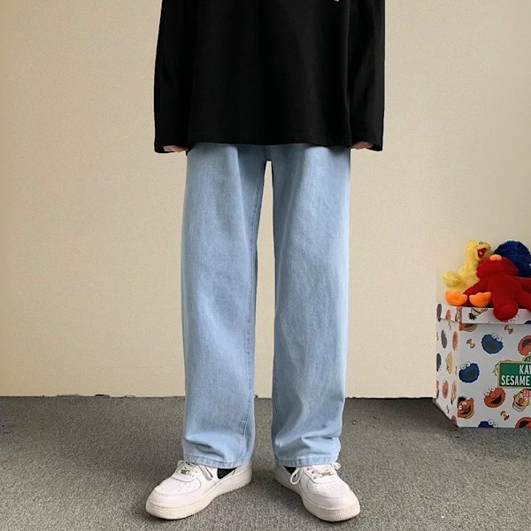 2024 Nya Koreanska Mode Baggy Jeans Män Streetwear Lösa Rakt Ben Byxor Manliga Varumärke Kläder Svart Ljus Blå Light blue M (50-57.5kg)