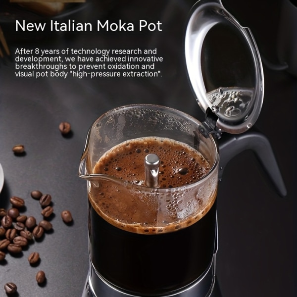 Moka-kanna i italiensk rostfritt stål - 200 ml kapacitet, genomskinlig, silikonglas, perfekt för hembryggning av kaffe, perfekt present till Halloween, jul