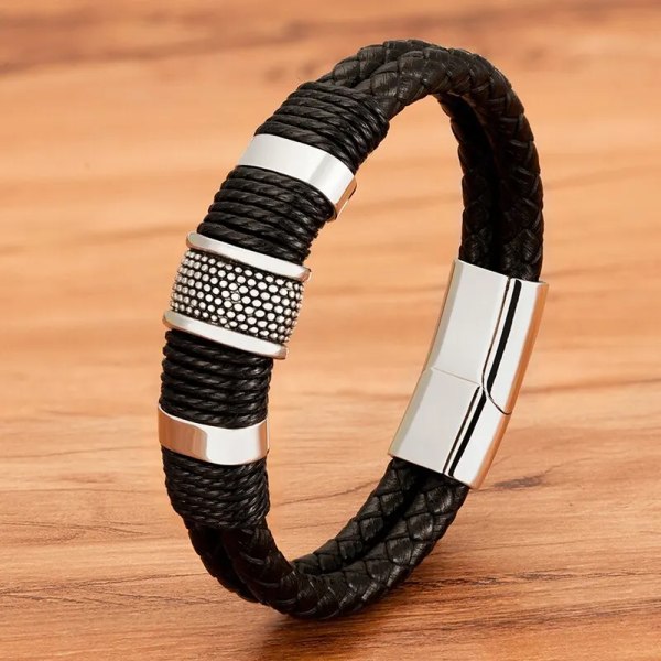 Vintage vävt läderrep Wrap armband för män Klassiska armband i rostfritt stål Armband Punk Armband Smycken Man Presenter black 21cm