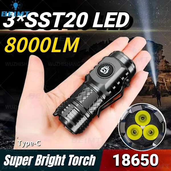 Korkea laatu 3*Sst20 Led-taskulamppu 18350 Super Bright Torch Ladattava Usb Kevyt Vedenpitävä Kansipidikkeellä Him Camping 15W 800MAH- 2-4H