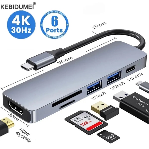 USB C Hub Typ C 3.0 Adapter till 4K HDMI SD TF-kort PD Fast Charge Splitter Dockningsstation Hub för telefon MacBook-dator 4 in 1 Type C