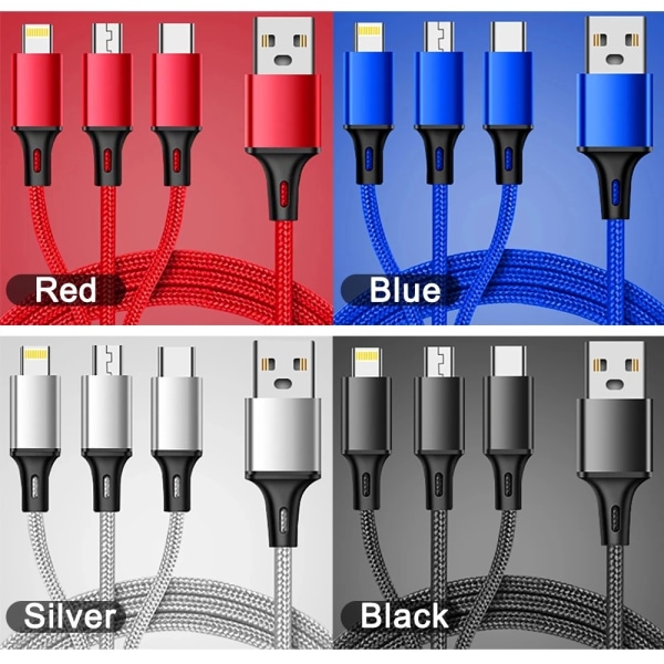 3 i 1 Micro USB Typ C 1,2 m laddarkabel 2,1A ström Flera USB laddningssladd Usbc-mobiltelefonkabel för ios/Android/Typ-C Red 1.2m For 3 in 1