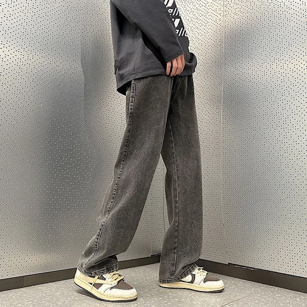 5 Färger Mode Koreanska Baggy Byxor Män Våren Höst Nya Lösa Straight Jeans Elastisk Midja Bred Ben Casual Byxor Män Kläder Smoky gray L