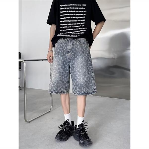Mode Varumärke Europeiska Och Amerikanska Street Byxor American High Street Jacquard Design Jeans Mäns Lös Straight 2024 Shorts Blue XXL