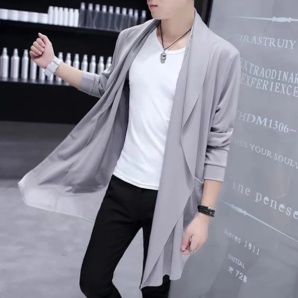 Höst Män Mode Koreanska Style Lång Trench Coat Hooded Mantel Abrigo Hombre Män Punk Hip Hop Cardigan Casual Casuale Kapkappar Grey Lapel L