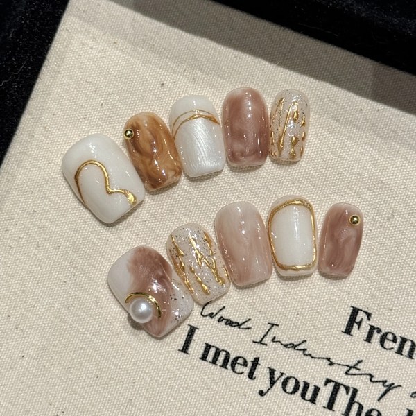 10 stk Karamel Håndlavede Korte Falske Negle Tryk På Negle Fuld Dækning Leopard Mønstret Rav Design Manicure Bærbar Negletips Kunst 8 Size XS