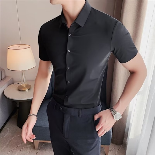 Mäns Tröja Lång Ärm Sommar Slim Fit Stretch Business 2023 Nya Mäns Kostym Skjorta Black, Short Sleeve XL