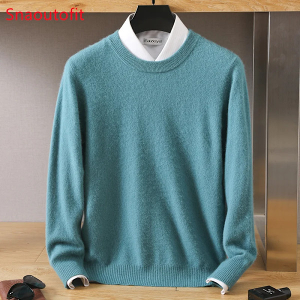 Herre 100% Ren Mink Cashmere Sweater O-Hals Pullover Strik Trøje Efterår Og Vinter Ny Langærmet High-End Hopper Mink Topper Mint green XXL