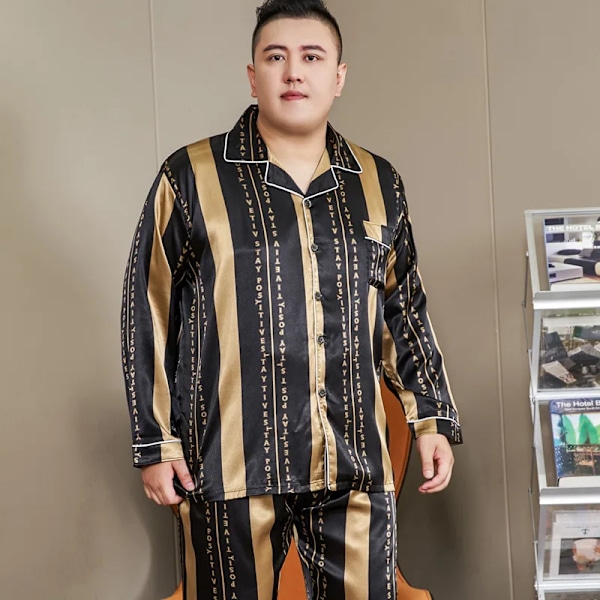 5Xl Stor Storlek Pyjamas För Män 165Kg Vår Sommaren Ice Silk Satin Cool Pyjamas Man Set Casual Loose Lyx Print Sömnkläder Pijamas 15 5XL(130-165kg)