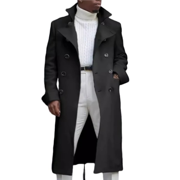 Herre Trenchcoat 2024 Forår Efterår Ny Koreansk Mode Slim Fit Dobbelt Brystfrakke Mid-Længde Urban Casual Casuale Uldfrakke black S