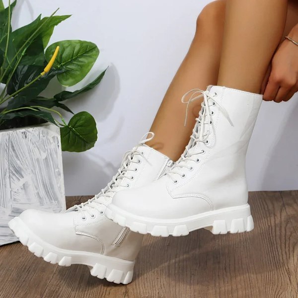 Boots Kvinnor 2024 Hösten Vinter Pu Läder Vit Ankel Boots Motorcykel Botines Kvinnliga Chunky Hällplattform Stövlar Botas Mujers WHITE 37