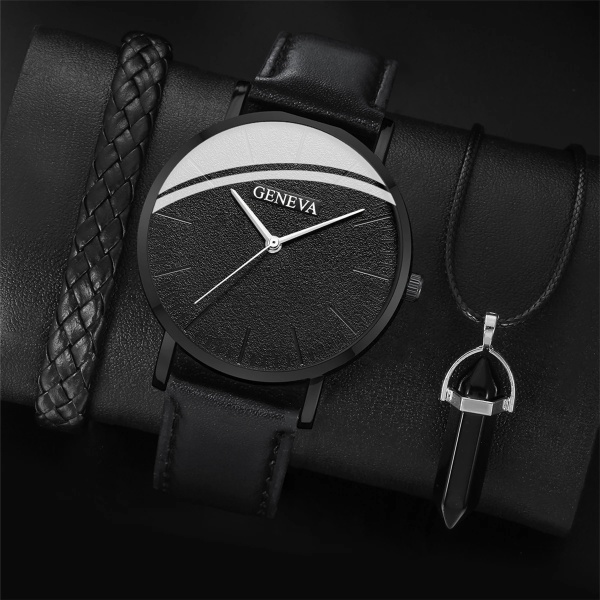 3st svart klassisk watch watch mode rund kvarts enkel casual watch för sport läderarmbandshänge Black