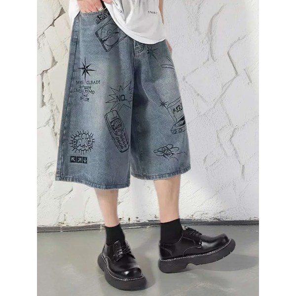 Sommer Mænd Shorts Hip Hop Lommer Rak Bred Længde Mand Malet Harajuku Jeans Baggy Loose Cool Streetwear Korte Bukser Blue L