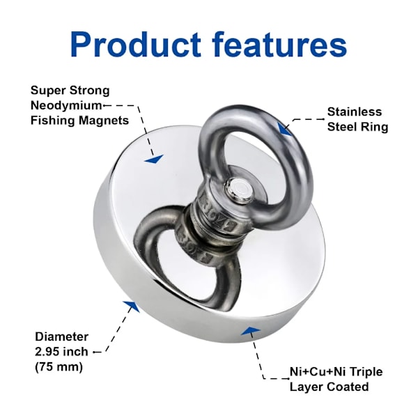 Sökmagnet Kraftfull Neodymiummagnet 300KG Superstark Räddningsmagnet Havsfiskemagnet med Ring Sökare J16-J90 Iman J 20 Pull Max 9kg