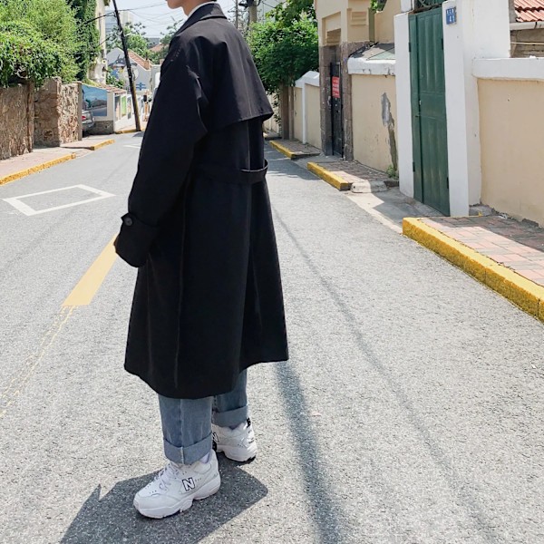 Koreansk Stil Spring Trench Coat Mænd Streetwear Vindjakke Trenchcoat Mænd Solid Business Casual Løs Lang Overfrakke Black Asian M(45-55kg)