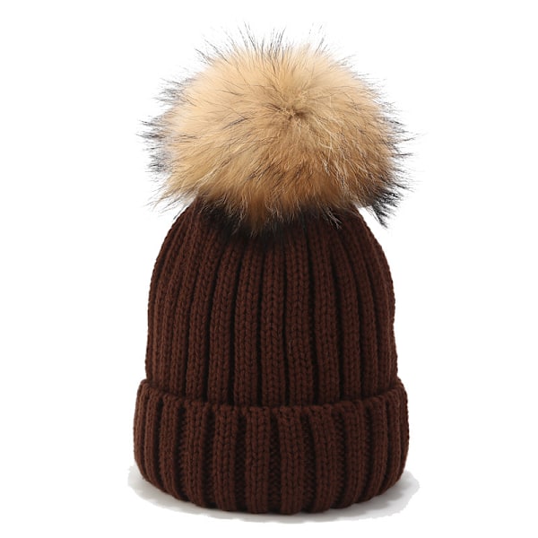 Ins New Big Fur Ball Hat Män Och Kvinnor Höst Och Vinter Utomhus Allt-Matcher Raccoon Riktiga Fur Ball Stickade Hat Varm Förälder-Chi Ld Hatt Brown Children (52-55Cm)