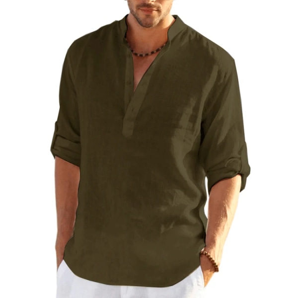 Ny Långärmad T-shirt i linne för män Enfärgad lös casual Långärmad bomullslinneskjorta army green L