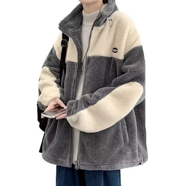 Berber Fleece Coat Mäns Vinter Fleece-Lined Tjock Varm Kviltad Jacka Trendy Student Lös Lapel Par Bomull Kläder Grey XL