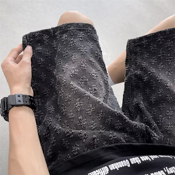 Mode Varumärke Europeiska Och Amerikanska Street Byxor American High Street Jacquard Design Jeans Mäns Lös Straight 2024 Shorts Blue XXL