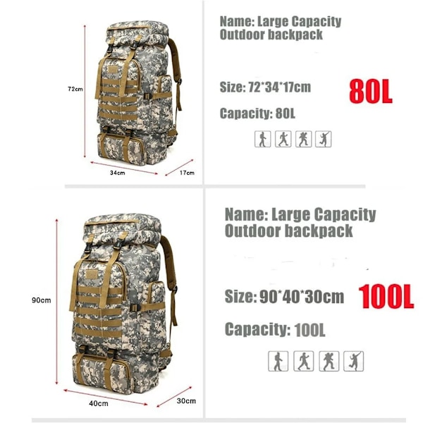 80L/100L Bjergbestigningstaske Klatretaske Taktiske Rygsække Stor Rygsæk Udendørs Vandring Camping Rejsetasker ACU (100L)