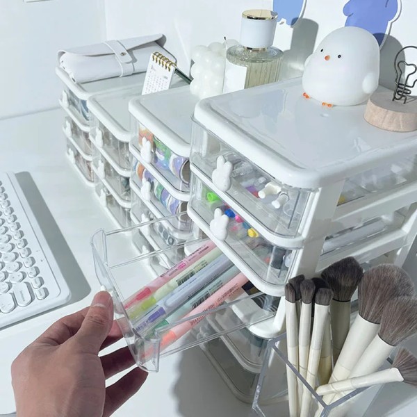Multifunktionell Desktop Organizer låda med pennhållare och förvaringshylla för hårtillbehör Three layers pink