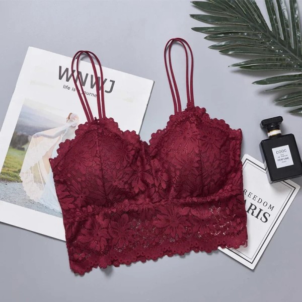 Sexiga spetsbh:ar Dam Bekväm ihålig Blomma Bralette Trådlös Push Up Underkläder Väst Seamless Damunderkläder Wine Red M